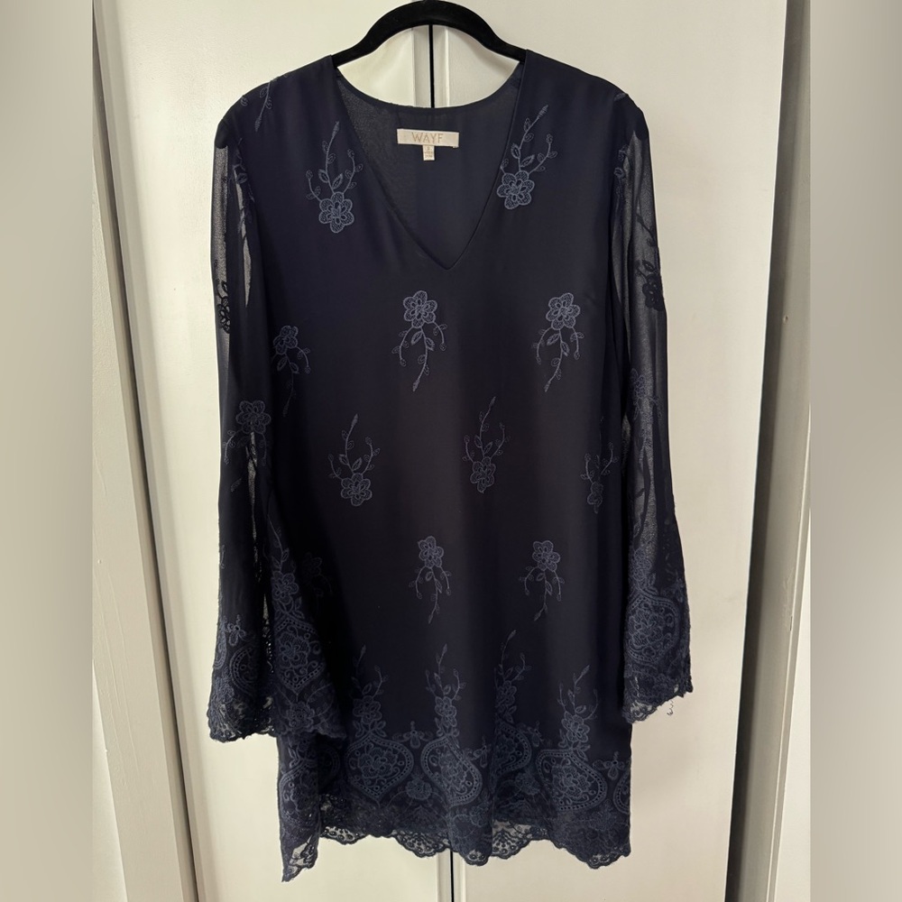 WAYF Navy Embroidered Lace Tunic Dress